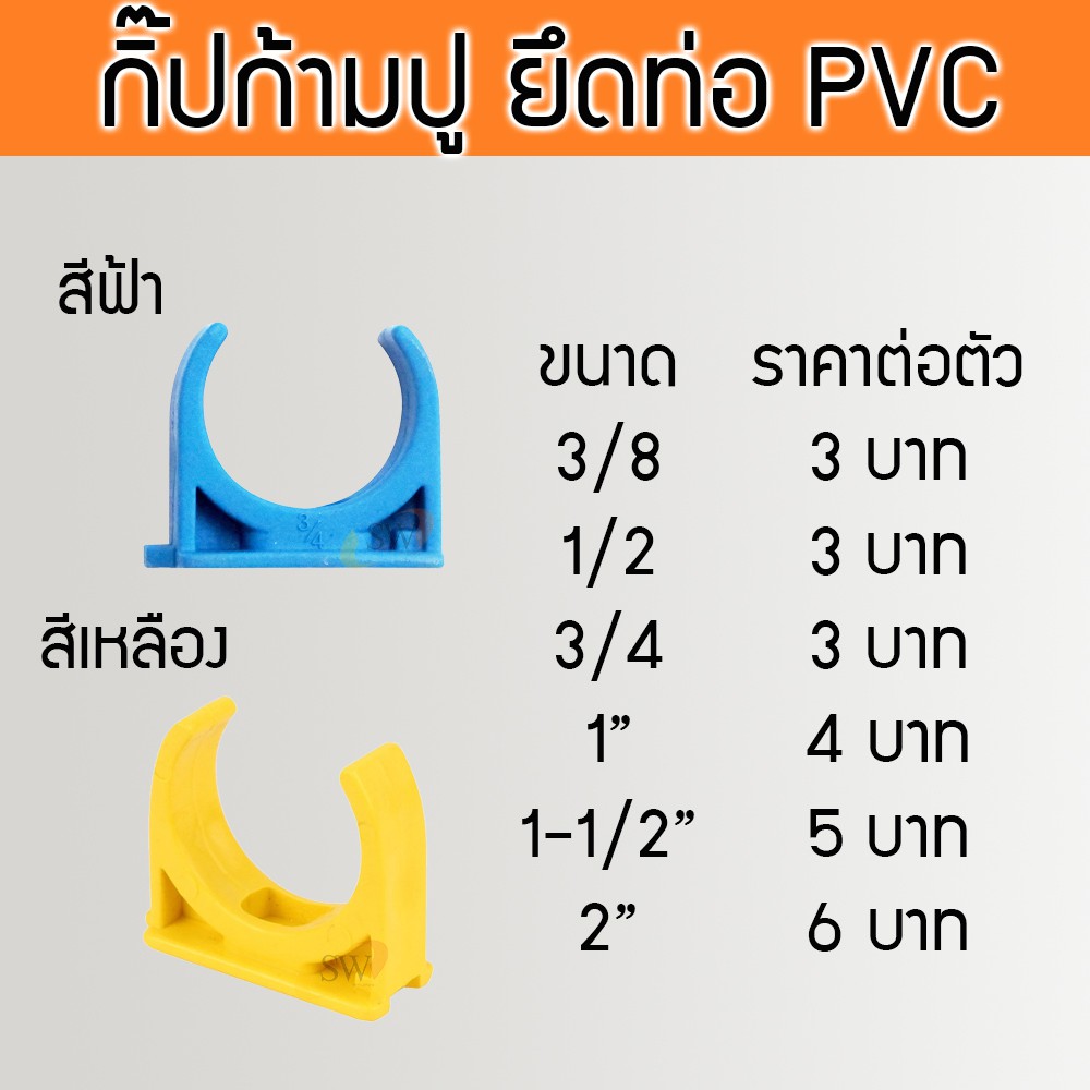 กิ๊ปจับท่อ กิ๊ปก้ามปู PVC ระบบร้อยสายไฟ สีฟ้า และ สีเหลือง ขนาด 3/8 ,1/2 ,3/4 ,1" ,1-1/2" ,2"