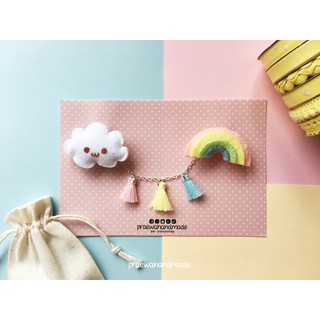 White cloud &amp; pastel rainbow pin/brooch with mini tassels เข็มกลัดเมฆขาวและสายรุ้งพาสเทล