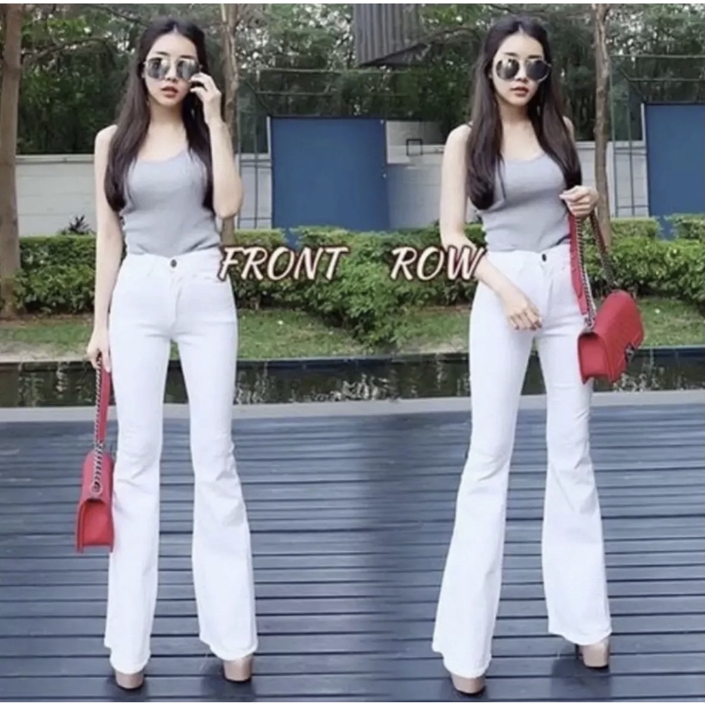 TwiceJeans กางเกงยีนส์ ขาม้า วินเทจ เอวสูง ผ้ายีนส์ยืด ยีนส์ผู้หญิง สีขาวยาว 39 นิ้ว