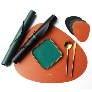 ShopAt.Two[PU-7100] 2 ชิ้น แผ่นรองจาน+ที่รองแก้ว กันความร้อน กันรอยบนโต๊ะอาหาร
