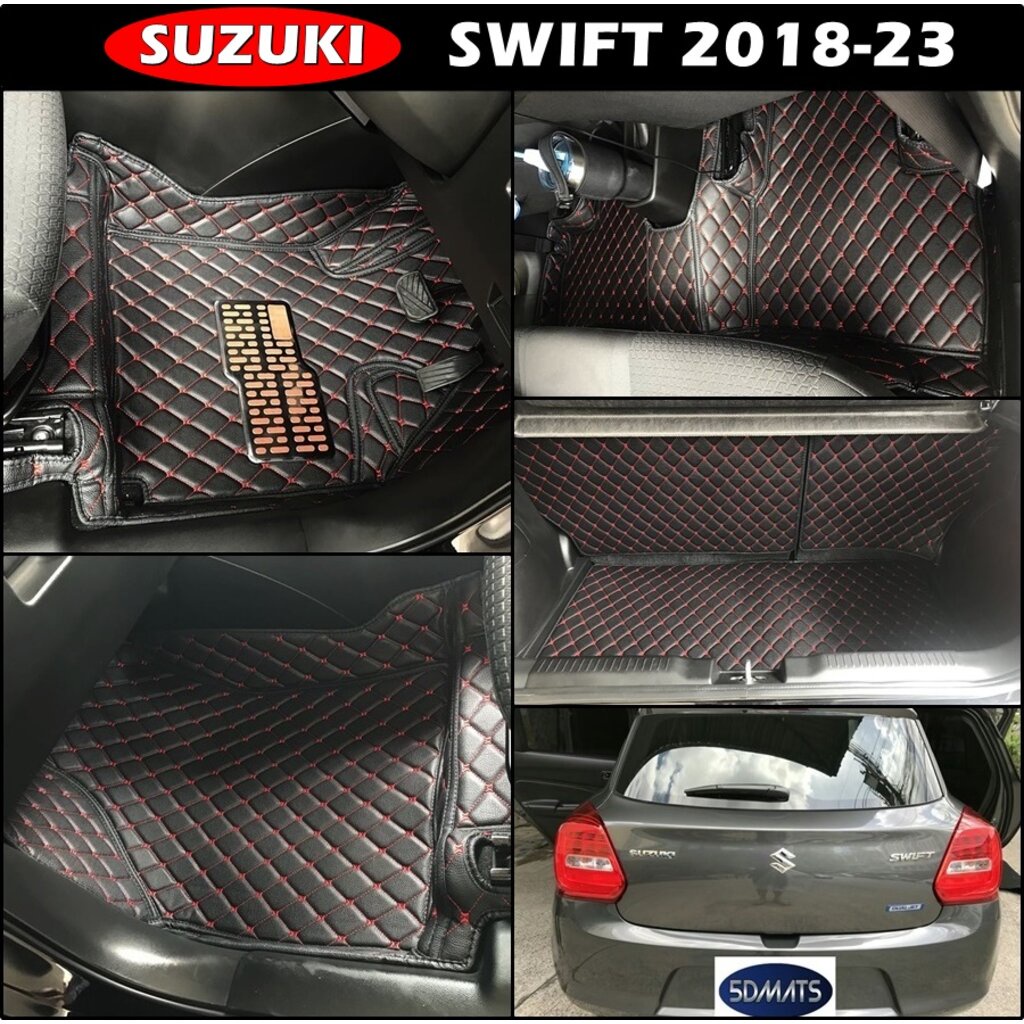 พรมปูพื้นรถยนต์6D SUZUKI SWIFT ปี2018-23 สีดำด้ายแดง เต็มคัน (6ชิ้น)