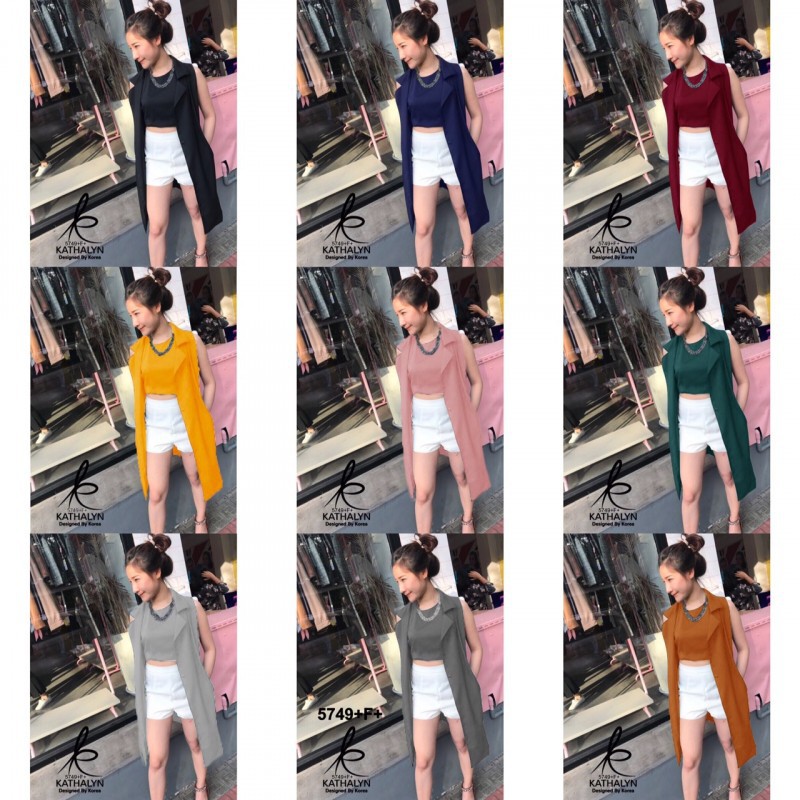 TW5749 Set 3 ชิ้น เสื้อครอปสั้นคอกลมแขนกุด+กางเกงขาสั้นสีขาวเข้าทรง+เสื้อสูทเก๋ๆมาใส่คลุม **สอบถามก่