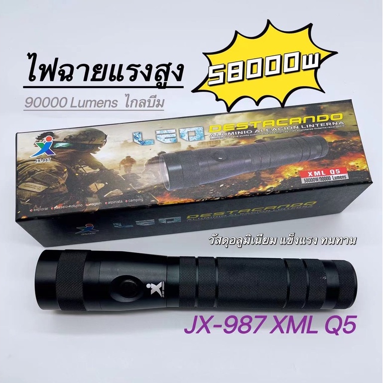 ไฟฉายแรงสูง LED สว่างมากรุ่นJX-987 Q5 ระยะส่องได้ไกล XML Q5 58000w วัสดุโลหะผสมอลูมิเนียม แข็งแรง ทนทาน