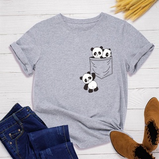 กระเป๋า Panda ผู้หญิง T เสื้อผ้าฝ้าย O คอเสื้อยืดผู้หญิง Harajuku น่ารักสไตล์จีน TShirt ผู้หญิงสบายๆตลก TEE Women