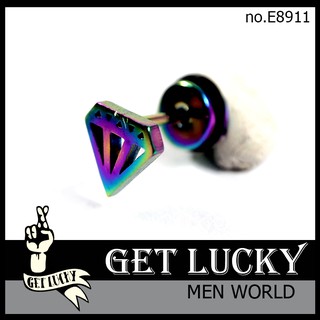 E8911 จิวเกาหลี จิวแฟชั่น GET LUCKY จิวหู รูปเพชร 8mm สีรุ้ง (แพค1ชิ้น)