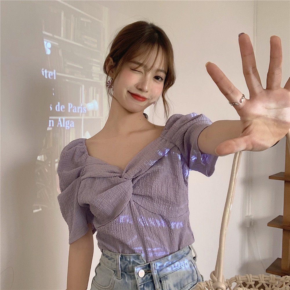 SGH0104 เสื้อยืด แขนสั้นพองคอวี สีพื้นแบบเรียบง่าย