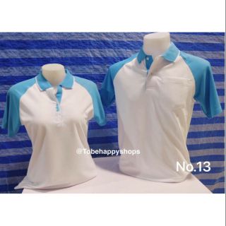 เสื้อโปโลแขนตัดต่อ ตัวสีขาว แขนสีฟ้า