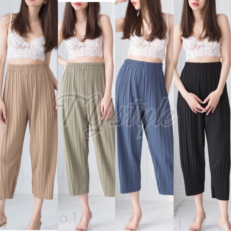 PT closets ♡ กางเกงอัดพลีท 9 ส่วน เอวยางยืด ฟรีไซส์ ใส่สบาย ป้าย #Cher💕