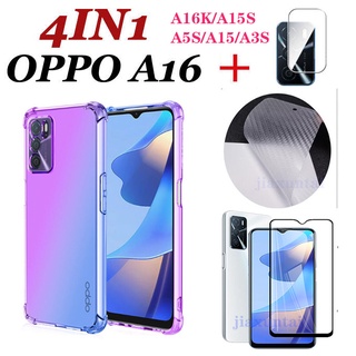 (4 In 1) ฟิล์มกระจกนิรภัย ฟิล์มด้านหลัง ฟิล์มเลนส์ และเคสสี สําหรับ OPPO A16 A16K A15 A15S A5S A3S A9 A5 A53 A93 A5S A3S