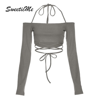 Sweeticme ใหม่ เสื้อยืดครอป คอปาด เซ็กซี่ เข้ารูป สีพื้น แฟชั่นสําหรับผู้หญิง 2022