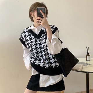 Houndstooth เสื้อกั๊ก ผ้าถัก สไตล์เกาหลี