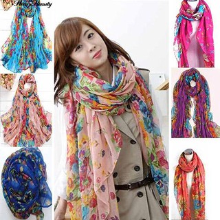 ☺♡ ดอกไม้พิมพ์หญิงเลดี้นุ่ม Voile ยาวผ้าพันคอ Stole ของขวัญ
