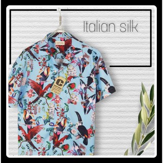 เสื้อเชิ้ตฮาวาย แนวเดอะทอย ลายนกเงือก สีฟ้า มีถึง อก 48นิ้ว