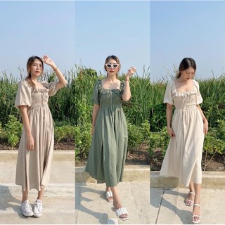 Leila Maxi Dress เดรสลินินแขนพองกระโปรงผ่าข้าง