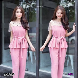 TW9090 Jumpsuit จั๊มสูทขาเดฟแขนสั้น เนื้อผ้าวูฟเวฟ ด้านหน้าจับจีบเพิ่มความเด่น เอวระบายรอบเอว