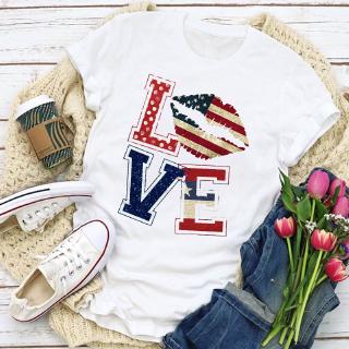 เสื้อยืดคอกลม แขนสั้น ลายกราฟิก USA Flag Patriotic Love Lip Star แฟชั่นสำหรับผู้หญิง