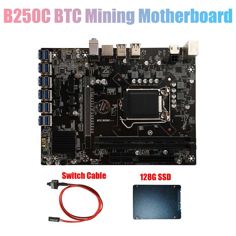 B250C BTC Mining Motherboard with 128G SSD+Switch Cable 12XPCIE to USB3.0 GPU Slot LGA1151 Computer Motherboard D2H8