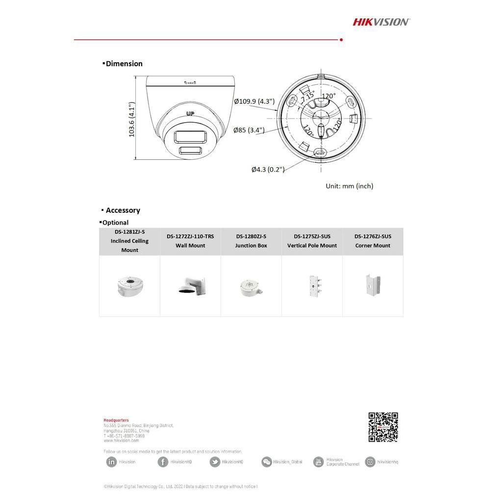 Hikvision กล้องวงจรปิด IP 2MP ภาพสี24ชม. รุ่น DS-2CD1327G2-L - แบบเลือกซื้อ BY N.T Computer