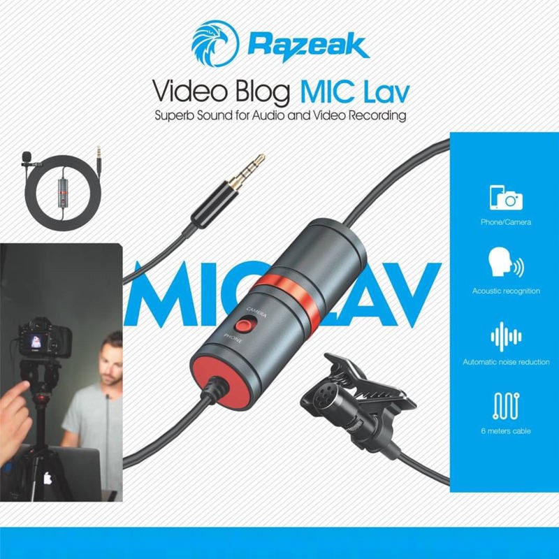 ไมค์นักข่าว ไมโครโฟน CLIP ON Razeak Video Blog Mic Lav สายยาว 6 เมตร ไมค์สำหรับ ทำ Live สด ทำวีดีโอต่างๆ