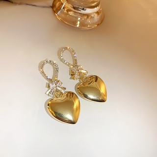 925 Silver Needle Heart Diamond Bow Metal Earrings