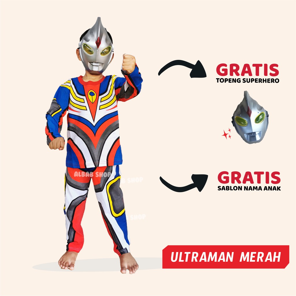 Merah Red Ultraman Children& 39;s Clothes Batman Spiderman Superhero Costume Set
