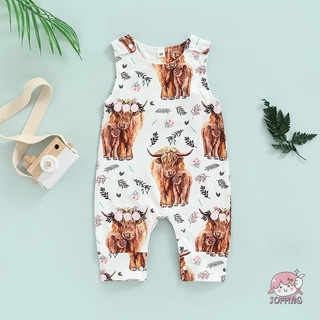 JOP7-Baby Girls Jumpsuit, Sleeveless Crew Neck Cow Flower Print Summer Romper Casual