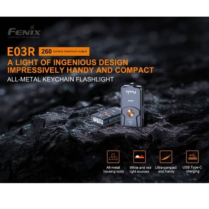 ไฟฉายขนาดเล็ก Fenix E03R Keychain ชาร์จ USB-C ในตัว