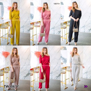 TwinsShopVip💗พร้อมส่ง TW10677 Set #สาวอวบ เสื้อคอปาด+กางเกงขายาว