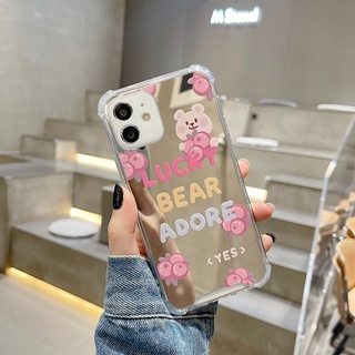 เคสป้องกันโทรศัพท์มือถือกระจก แบบนิ่ม ลายหมีสีชมพู สําหรับ Apple Iphone 14promax 13promax 11 xsmax 678plus