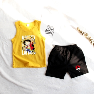 เสื้อยืดแขนกุดผ้าฝ้ายลายการ์ตูน One Piece Luffy 8 สี + กางเกงสําหรับเด็ก