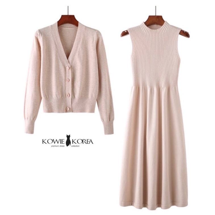 Kowie Korea Miki  (204) เซทเดรสไหมพรมญี่ปุ่น+เสื้อคาดิแกน