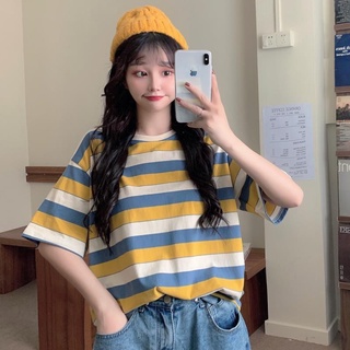 2021 new summer short-sleeved womens T-shirt loose Korean style versatile multi-color striped half sleeve top clothes