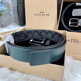 (ผ่อน0%) เซ็ทเข็มขัดชาย กล่อง COACH BOXED PLAQUE AND HARNESS BUCKLE REVERSIBLE BELT 38 MM C6812 ลายซีสีเทาดำ เขียว 2 หัว