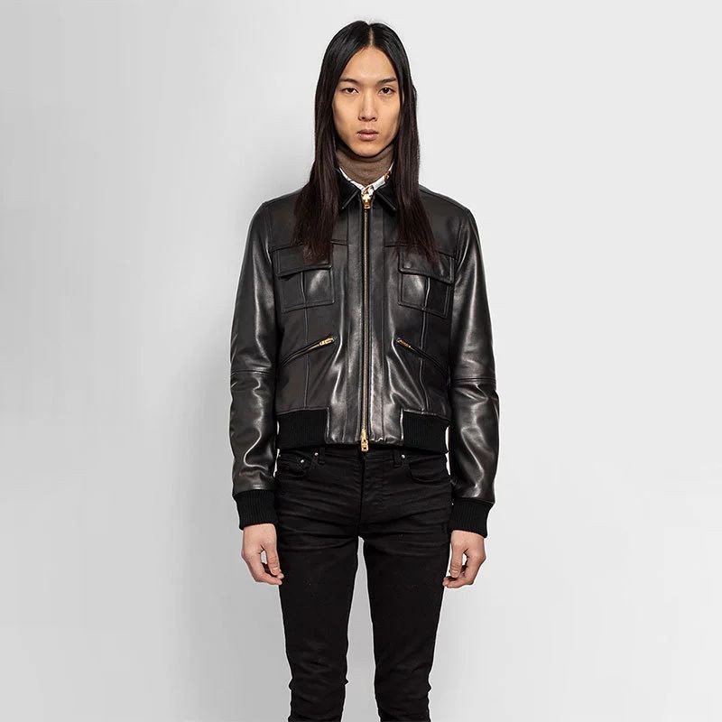 AMIRI casual hip-hop high street slim black zipper motorcycle jacket เสื้อแจ๊คเก็ตหนัง