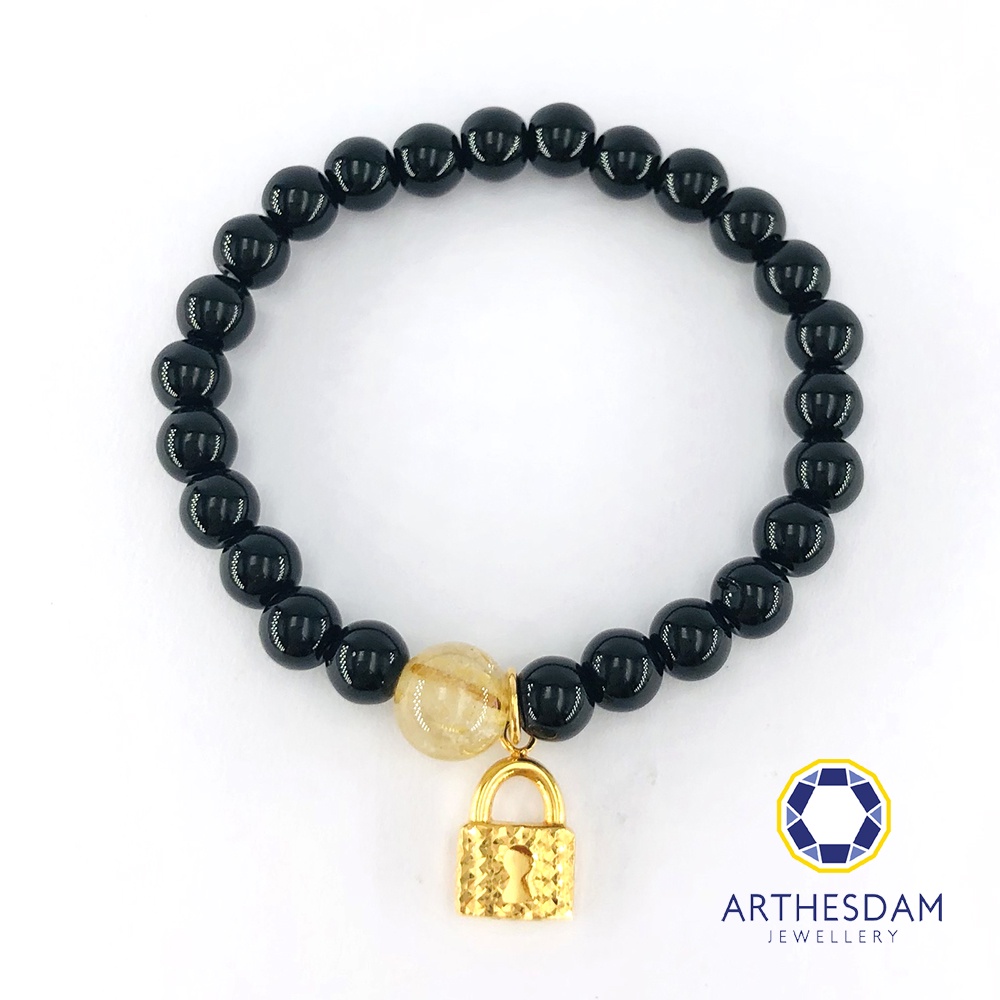 Arthesdam Jewellery 916 Gold Sparkly Lock Obsidian Beaded Bracelet [สร้อยข้อมือ]