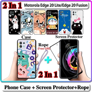 2 IN 1 เคส Motorola Edge 20 Lite Edge 20 Fusion เคสฟิวชั่น พร้อมกระจกนิรภัยกันรอยหน้าจอโค้ง เซรามิค ลายแมวและโดราเอมอน