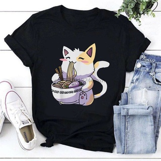 T-shirt  เสื้อยืด พิมพ์ลายแมวราเมน Kawaii Noodle Cat Lovers สีดําS-5XL