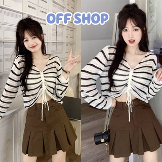 OFF SHOP พร้อมส่ง (OFF-12338) เสื้อไหมพรมแขนยาว คอวี ดีเทลสายรูดตรงกลางปรับความยาว