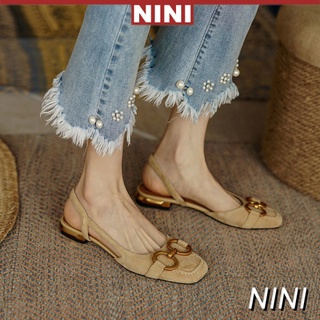 insRetro Style Square Toe Hollow Flat Sandals Womens Summer Closed Toe Chunky Heel Horsebit Buckle Low Heel Shoes【NINI】