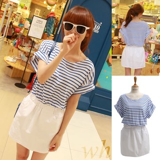 (สินค้าพร้อมส่งค่ะ) ชุดเดรสเกาหลี คอกลม แขนเลย ผ้า cotton ลายริ้วตัดต่อผ้าลินินสีพื้น ดีไซด์น่ารัก 