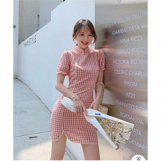 เดรสสไตล์คอจีน แขนตุ๊กตา ผ้าทอเนื้อดีมาก