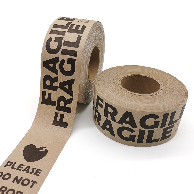 Water activated tape | Black&Brown Fragile with fiber เทปกระดาษ (ใช้น้ำในการติด) พิมพ์ลายด้วยหมึกถั่