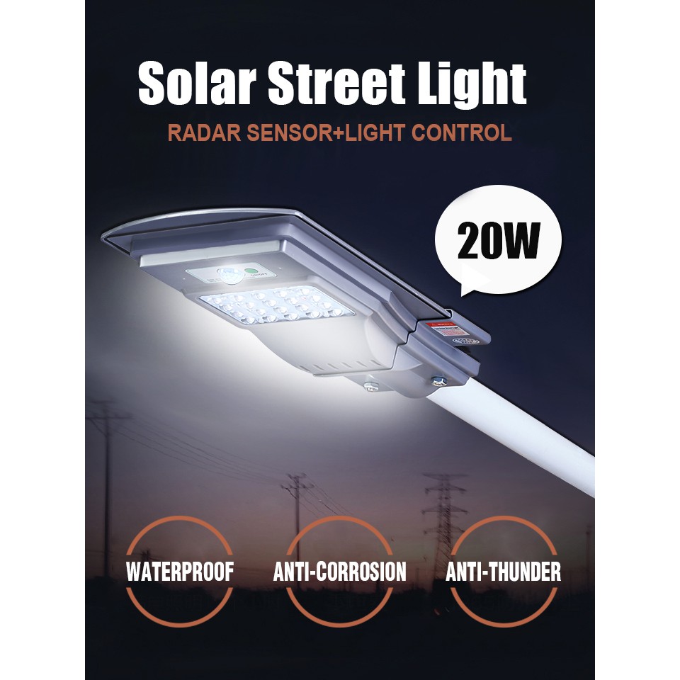 ส่งฟรี ไฟโซล่าเซลล์ 20W พร้อมเสาไฟ เซ็ตแผงไฟ LED พลังแสงอาทิตย์ 20W Solar Street Light เก็บเงินปลายทาง