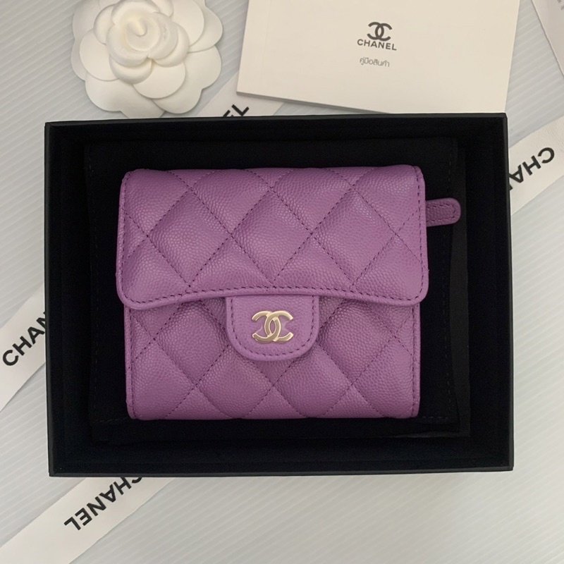 New! Chanel trifold short wallet purple caviar holo 32💜