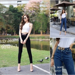 G.D.Jeans รุ่น 90127-1#กางเกงยีนส์แฟชั่นขายาวผ้ายืดเอวสูงสีดำแต่งลูกโซ่หน้าขอบเอวกางเกงแบบสุดเก๋