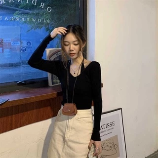 MYGRILSHOPเสื้อถักแขนยาวสายผูกคล้องคอK279-1