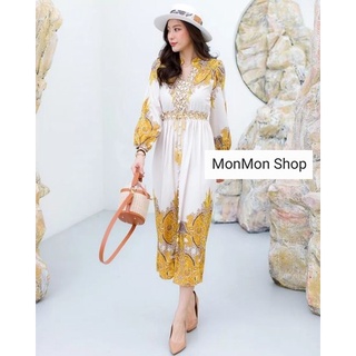 MONMONSHOP👗MON5681 แม็กซี่เดรสแต่งแขนพองพิมพ์ลายสไตล์โบฮีเมียน แต่งกระดุมปั๊ม คอวีงานสวยมากๆนะคะ งานมาพร้อมกับสายผูกเอว