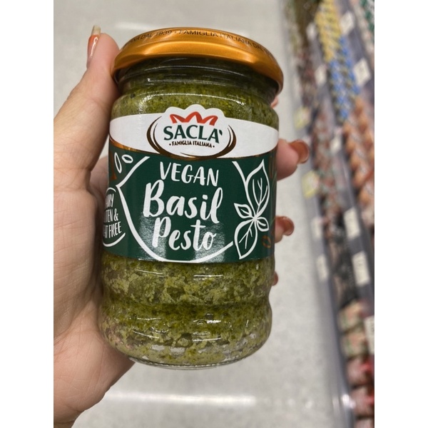 Sacla Vegan Basil Pesto 190 g. ซอสเพสโต้สำหรับพาสต้า สูตรมังสวิรัติ วีแกน เบซิส เพสโต้ ตราแซคล่า