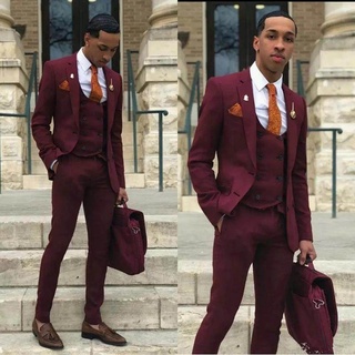 2022 Burgundy งานแต่งงาน Tuxedos สองปุ่ม Mens ชุดเจ้าบ่าว Notched Lapel Slim Fit พรหมพรรค Blazer แจ็คเก็ต