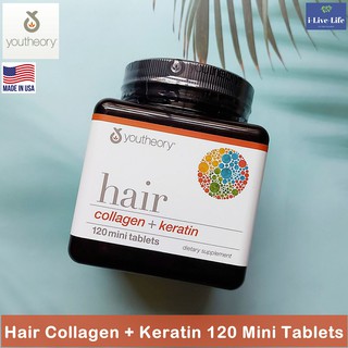 คอลลาเจน + เคราติน Hair Collagen + Keratin 120 Mini Tablets - Youtheory เพื่อผมสุขภาพดี